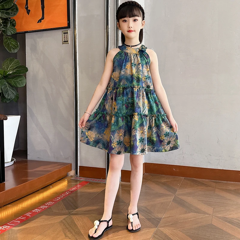 2025夏季新款女童无袖连衣裙时尚中大童碎花洋气小女孩夏装裙子潮