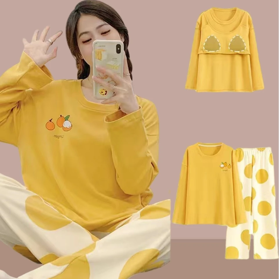 带胸垫新款睡衣女春秋长袖长裤大码宽松学生甜美家居服可外穿套装