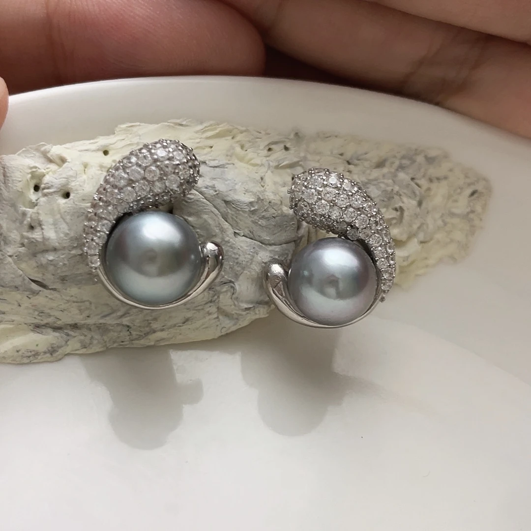 海水珍珠银S925镶嵌耳饰