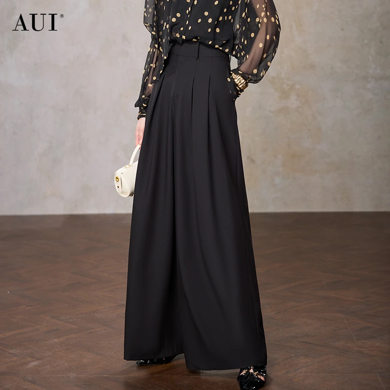 【七语专属】AUI黑色高腰显瘦宽松阔腿裤气质修身休闲裤-25W079343