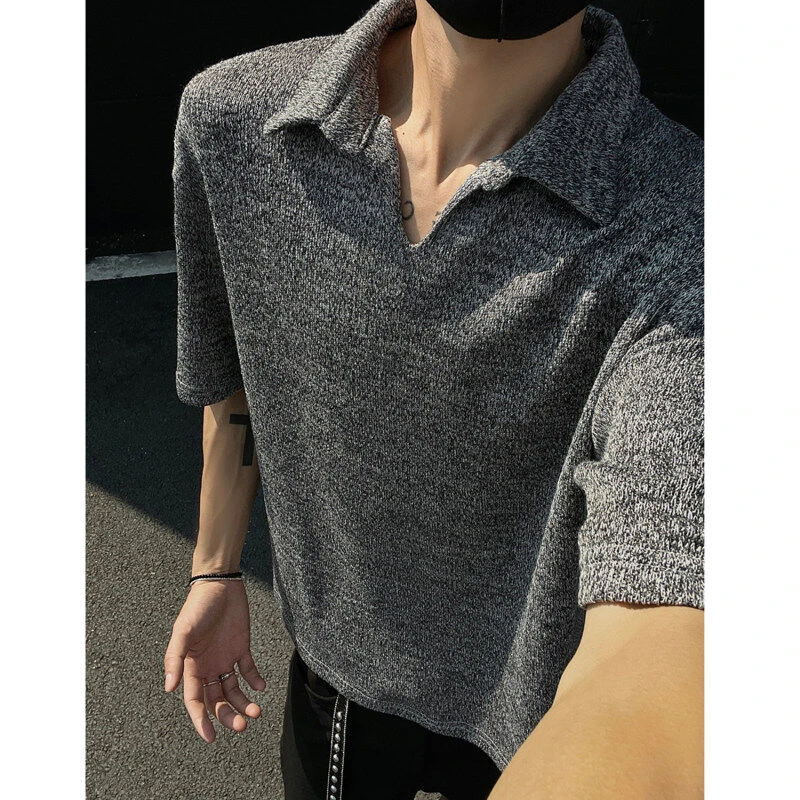 老钱风麦穗v领短袖T恤翻领polo衫男夏季百搭休闲半袖显瘦复古宽松