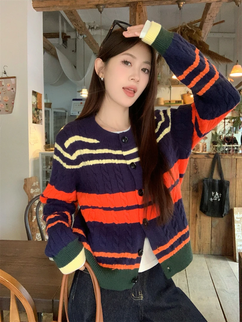 毛针织衫拼接拼色厚款宽松秋季套头慵懒风圆领条纹开衫网红复古