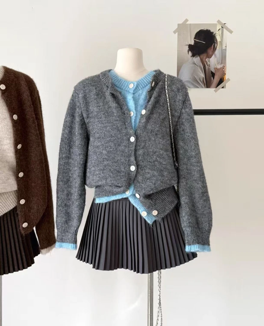 YD-韩系！假两件针织开衫25秋冬新款休闲宽松版女士针织开衫