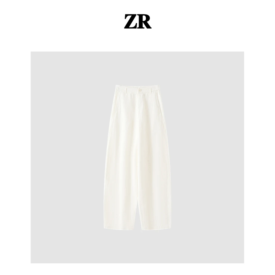【ZR】设计师款新款夏季亚麻高腰阔腿裤白色气质百搭显瘦休闲简约