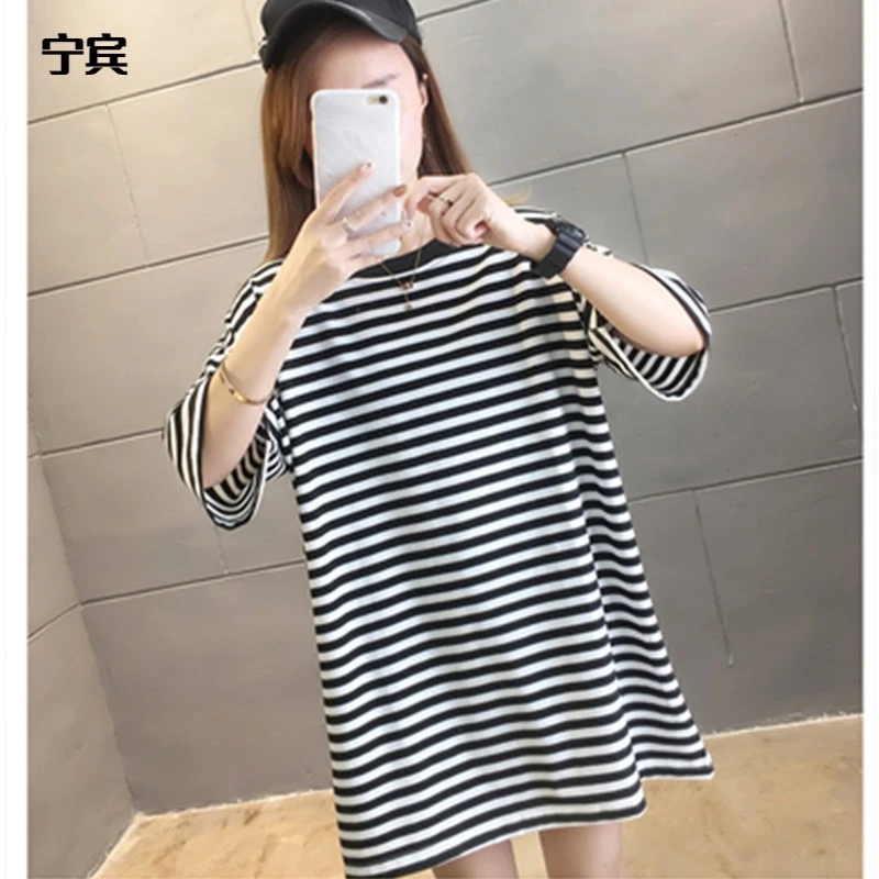 维多利亚矮个子短袖棉质睡裙女夏薄款宽松可外穿条纹长款T恤睡衣