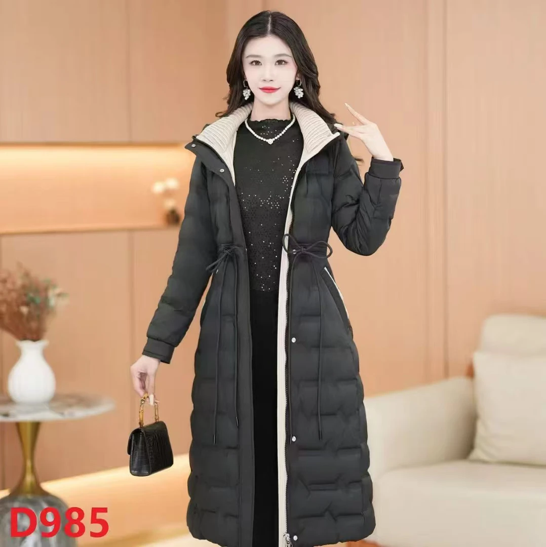 【D985】冬季新款女装时尚纯色束腰连帽羽绒服