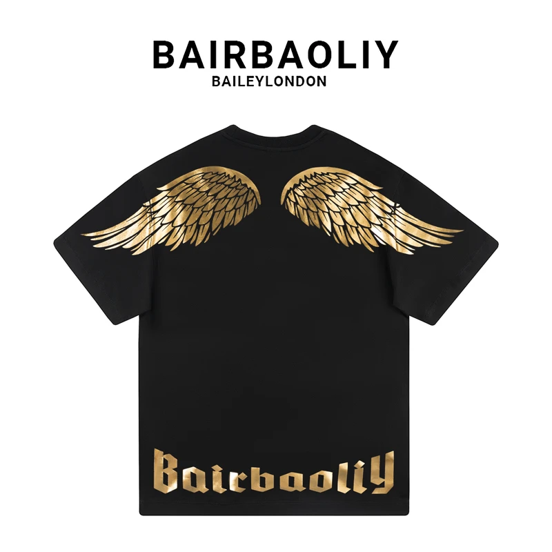 BAIRBAOLIY潮牌新款香槟金色闪耀翅膀短袖T恤重磅时尚洋气男女款