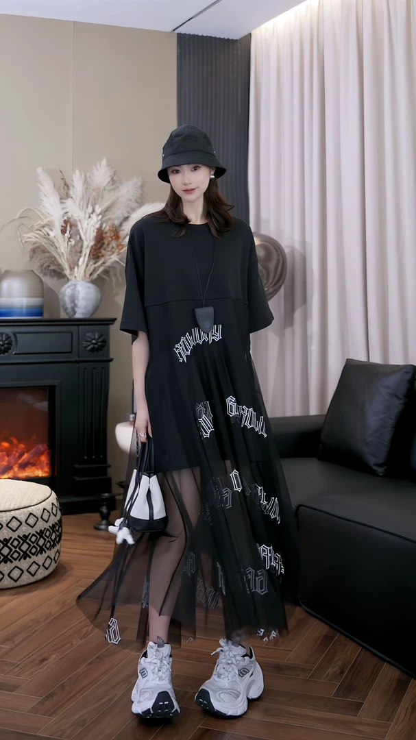 设计师原创夏季时尚宽松复古潮流网纱拼接百搭显瘦连衣裙-152469