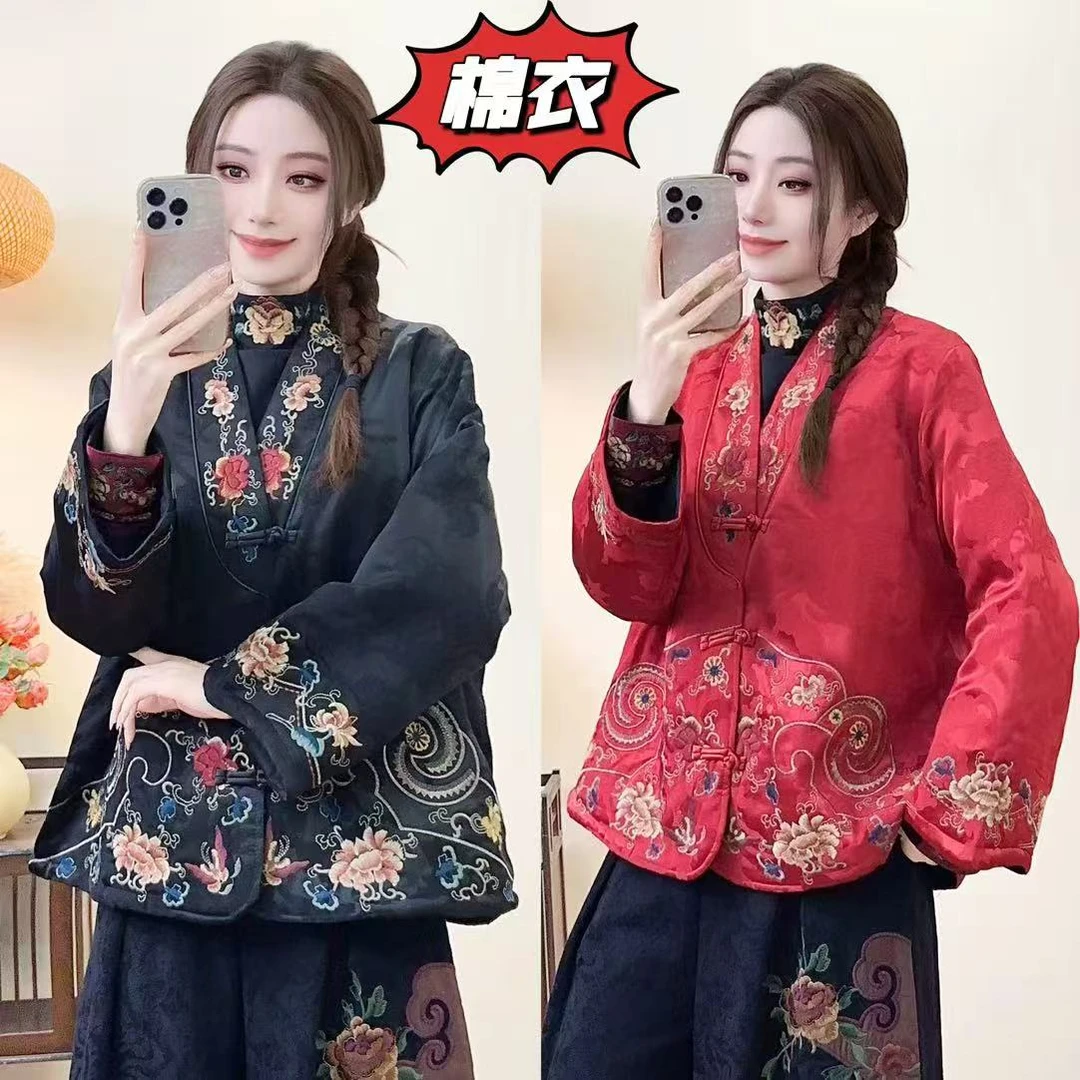 长袖厚款常规款直襟碎花绣花上衣棉衣外套唐汉布依新款YDD