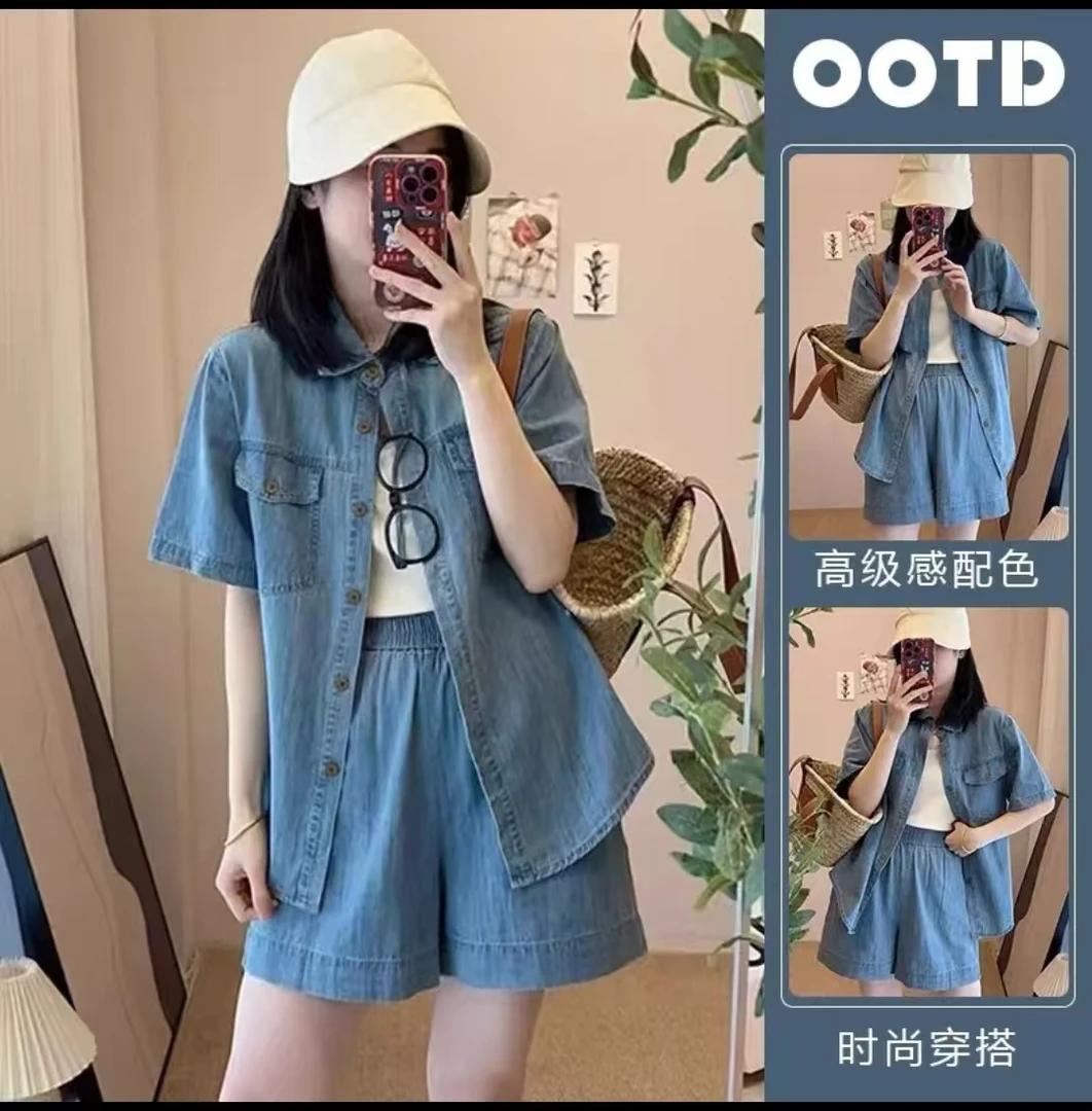 蓝色牛仔短袖牛仔裤子两件套女夏2025新款复古港风设计感宽松套装