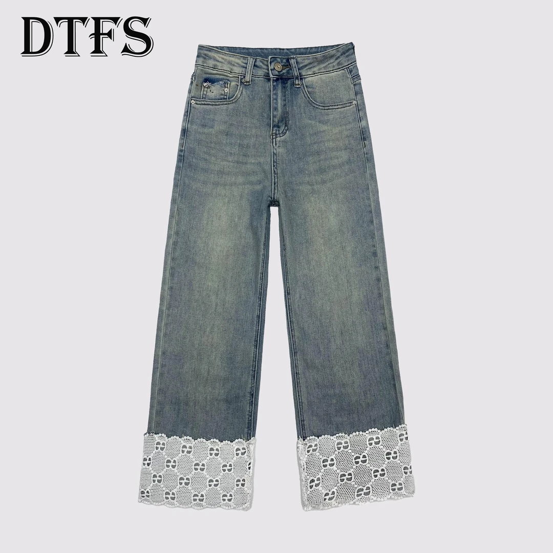 欧货2025春季新款高腰裤脚拼接蕾丝提花减龄百搭阔腿牛仔裤68961