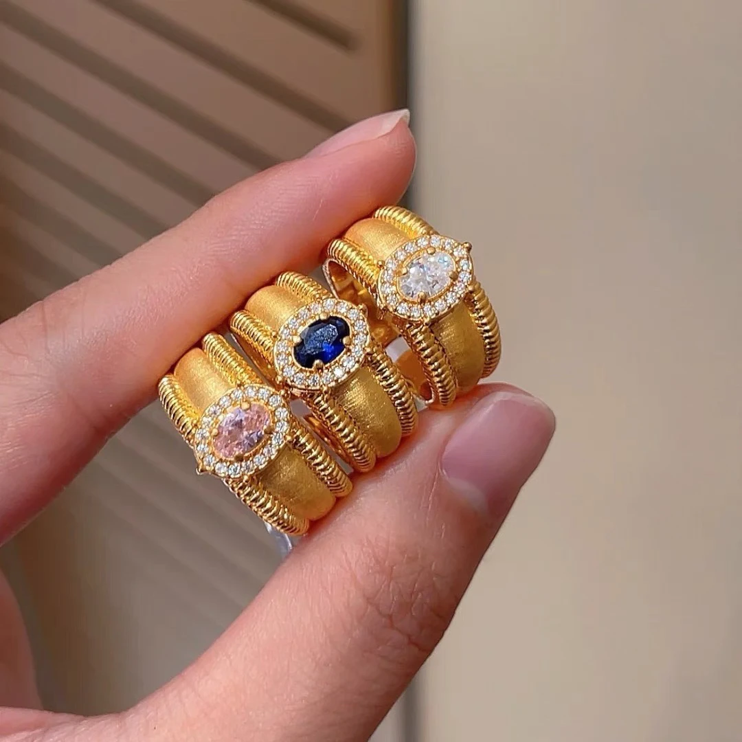 铜合金戒指 中古风鸽子蛋戒指女拉丝排珠宽面设计复古轻奢开口