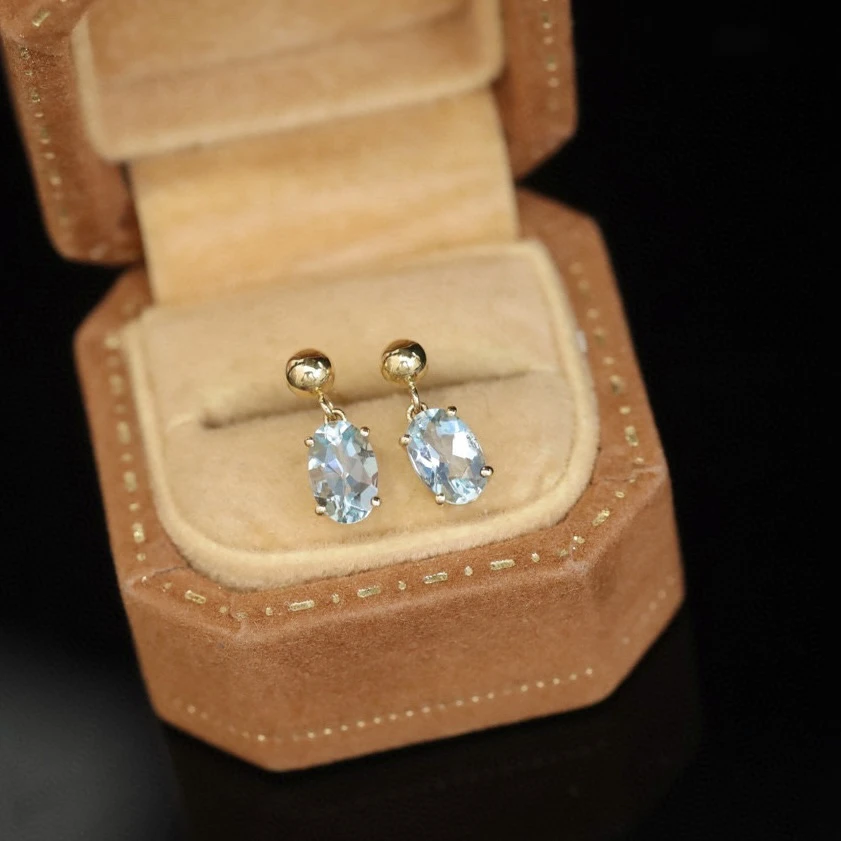 哈喽麦兜 18k金海蓝宝石提溜灵动耳钉 清新可爱百搭简约轻奢