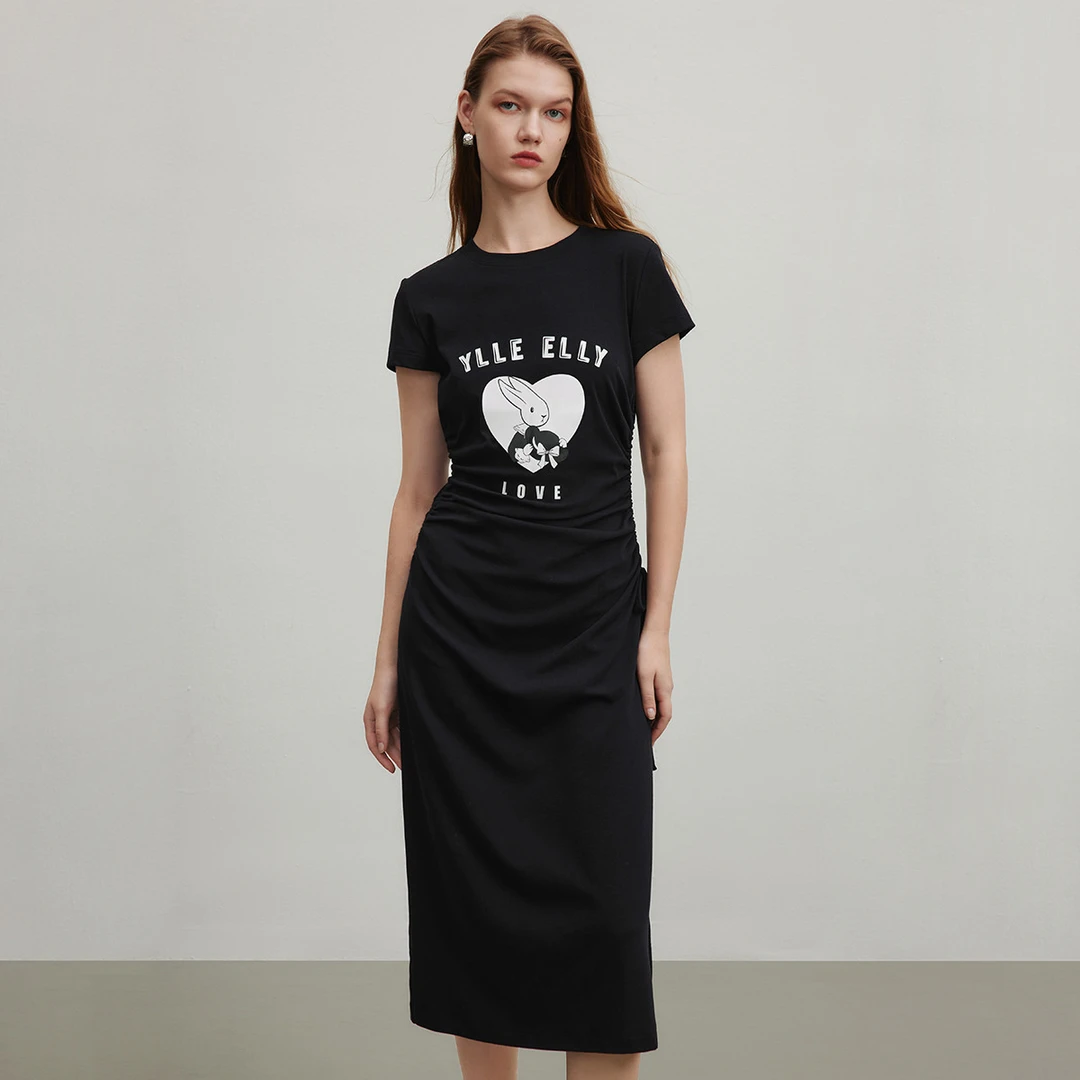 【陈大可】时尚修身连衣裙抽绳印花圆领短袖中长裙MY534109347