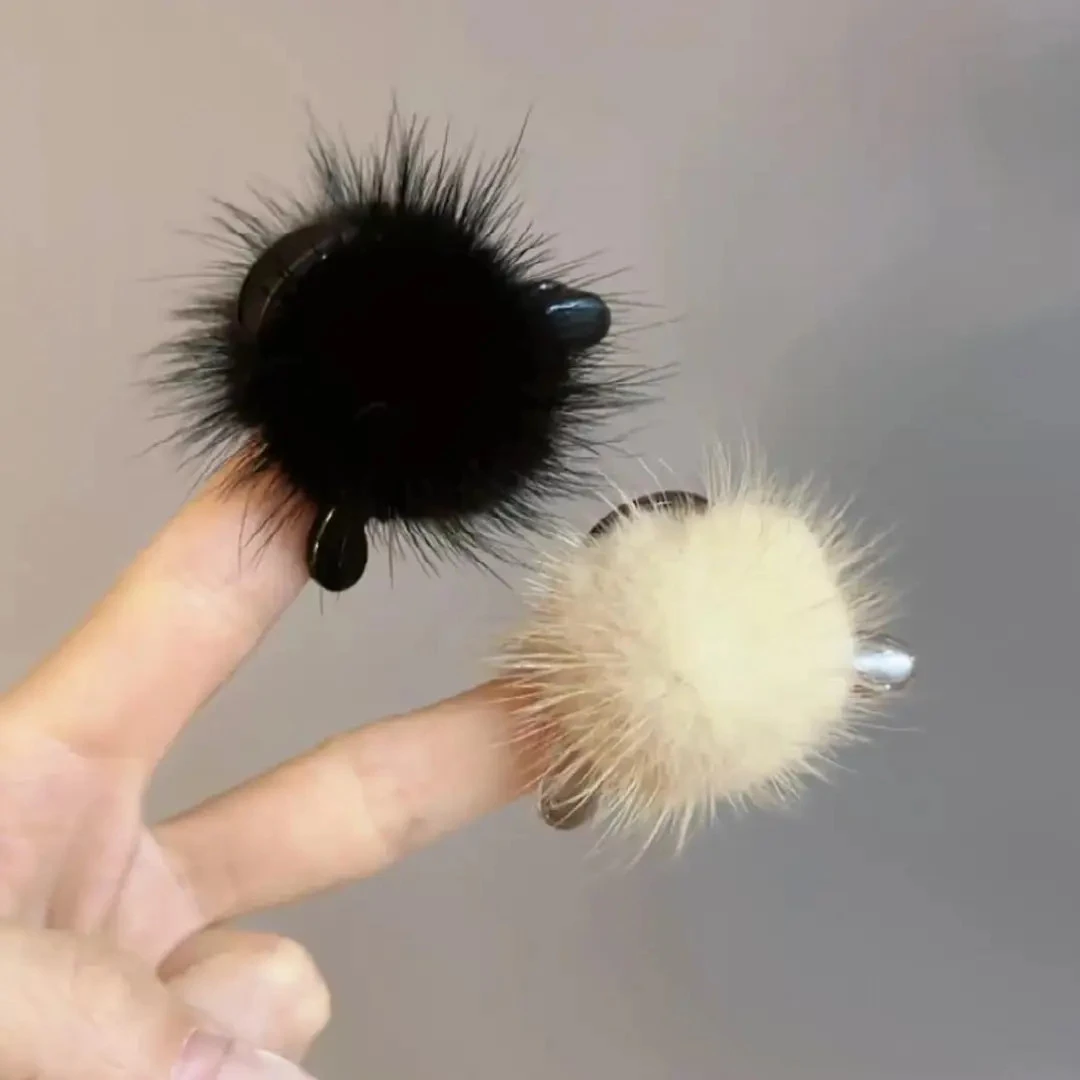 秋冬新款水貂毛发夹少女风公主头毛毛夹子网红毛球简约迷你小抓c