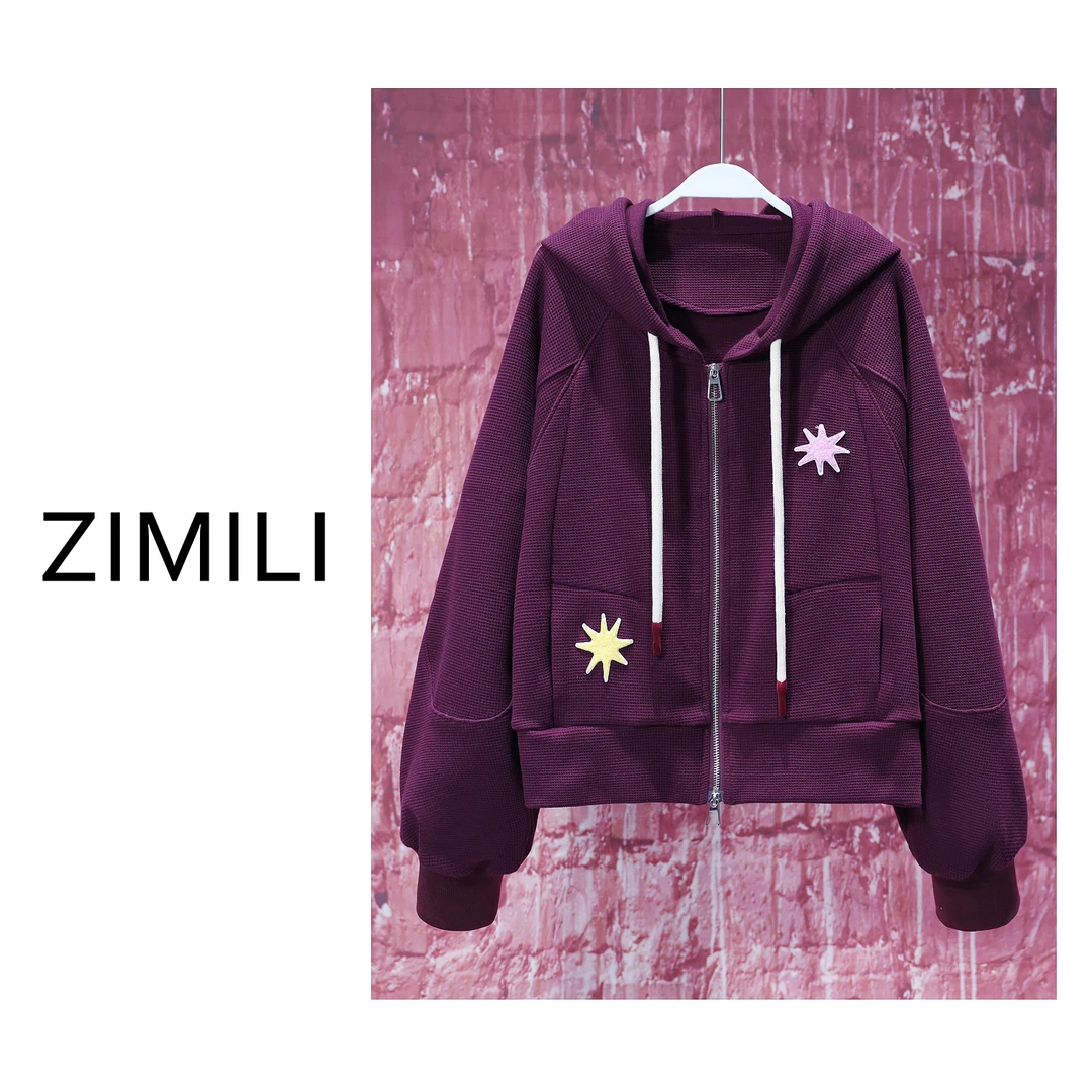 【LIANG哥女装】2025春款茄皮紫刺绣气质小香风插肩袖连帽外套5951