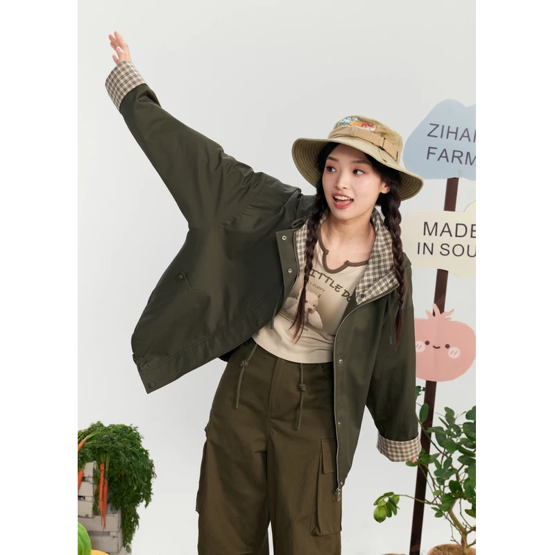 紫涵格纹撞色风衣外套秋季通勤一手长抽绳连帽宽松上衣Z4Z07AW136