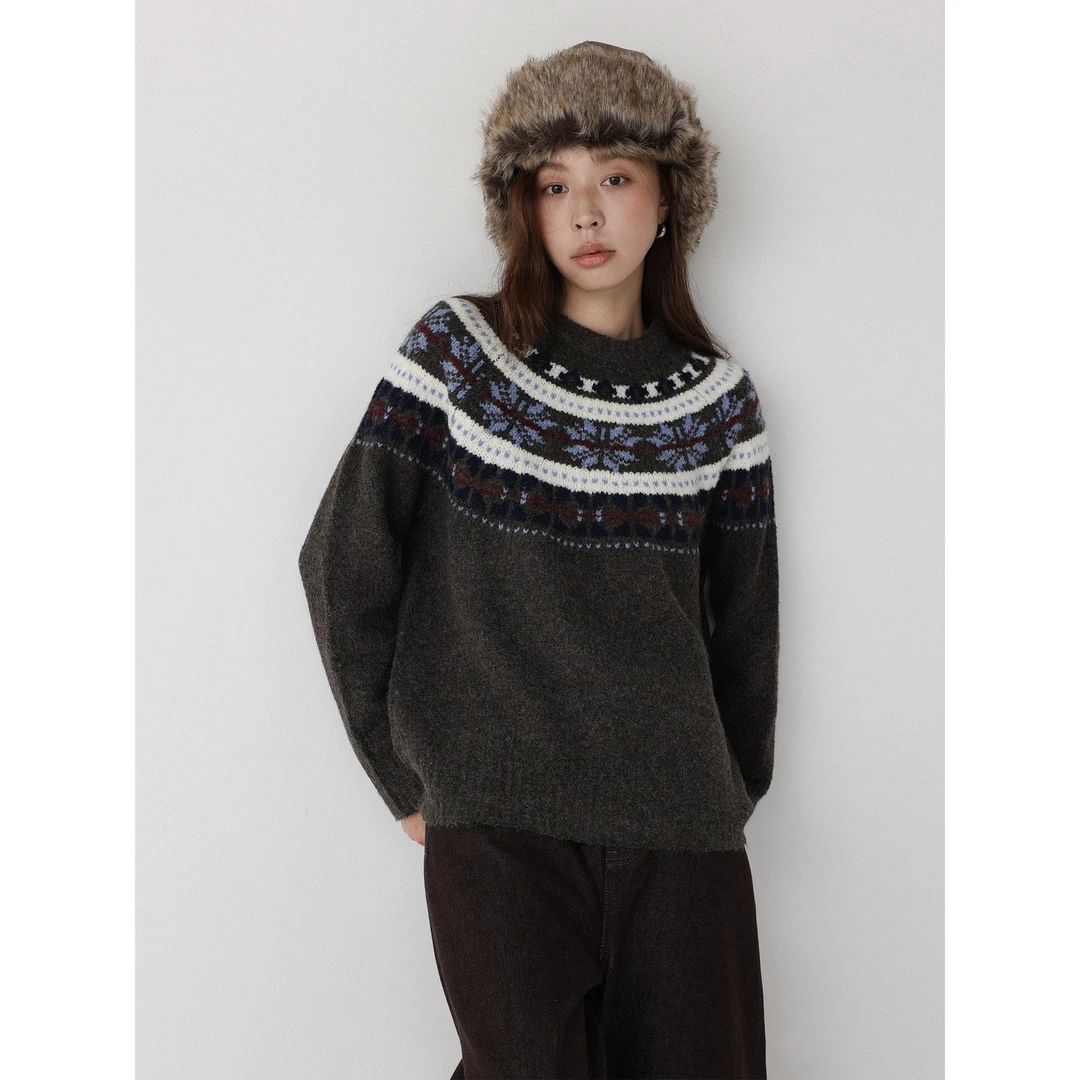 低卡LOWCALORIE‘北欧密语’复古名族风提花圆领秋冬厚款长袖毛衣