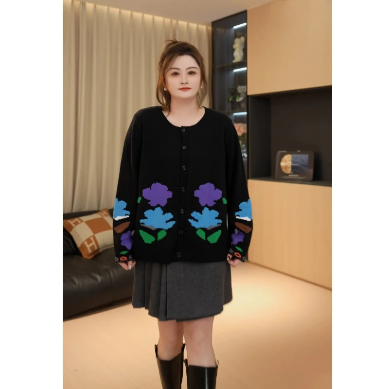 【胖佳佳】花朵毛衣 时尚撞色针织开衫秋季气质外套H624Z16613