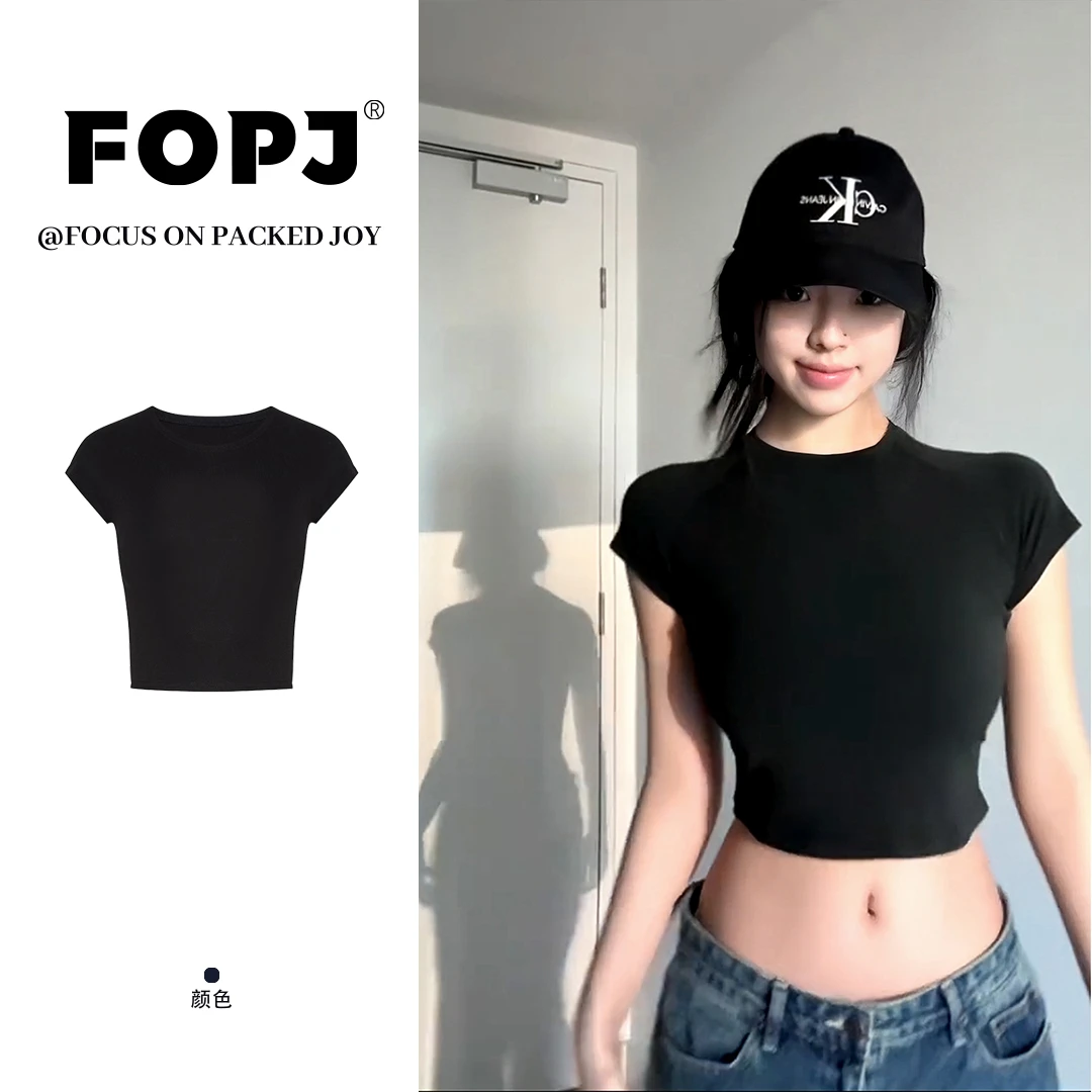 FOPJ夏季新款美式甜辣纯欲风短袖t恤女修身显瘦百搭露脐短款上衣