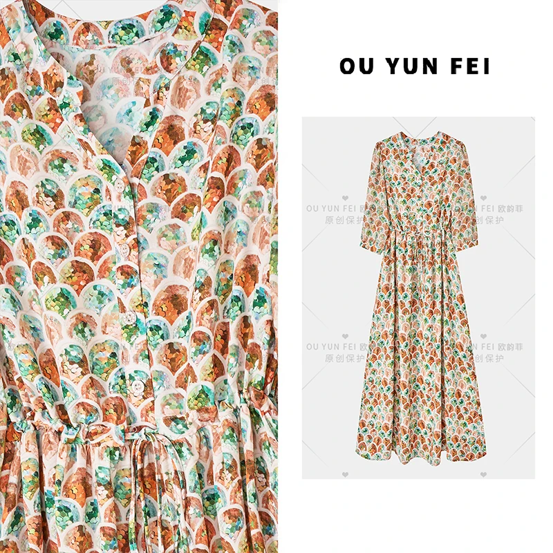 【美人鱼】显瘦印花碎花洋气透气遮肉连衣裙夏季收腰时尚长裙HZ1203