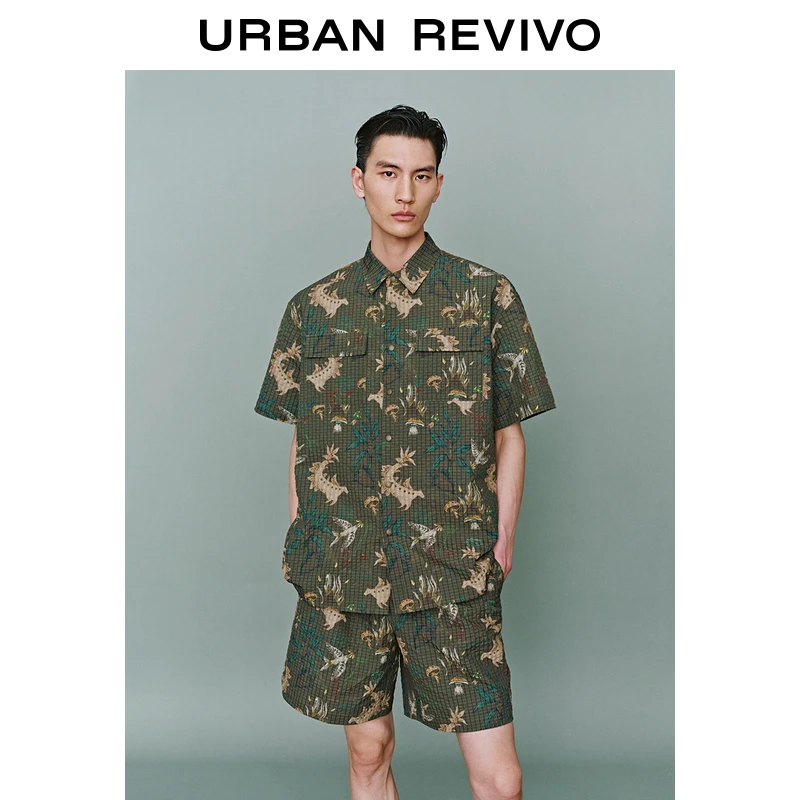 UR2025夏季新款男波嬉风撞色格纹印花短袖开襟衬衫UML250025