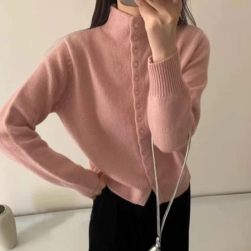 【半领方塘开衫】巨显白！藕粉半高领布扣慵懒针织开衫女毛衣FFQ5100