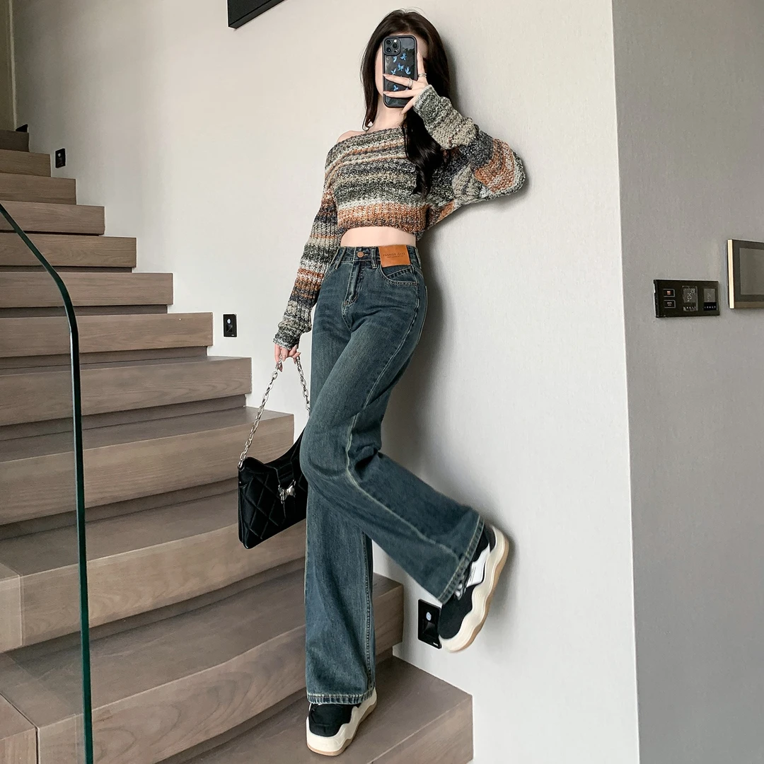 小个子高腰牛仔裤秋冬款窄版直筒显高阔腿裤女加绒拖地裤春秋显瘦