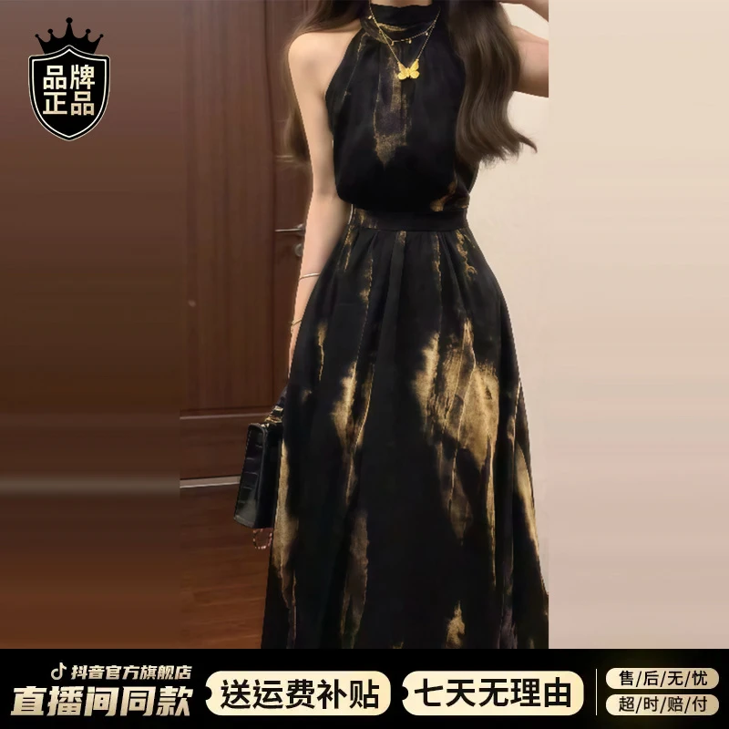 赫本风黑色挂脖吊带连衣裙子女夏季新款韩系高级网红漂亮收腰长裙