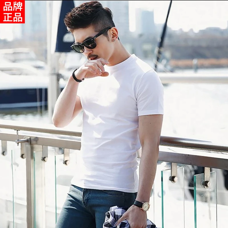 【品牌正品】加厚短袖男T恤修身纯色白色打底衫男款上衣显瘦男士T恤