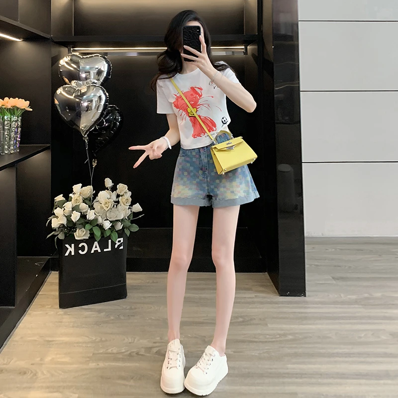 2025夏季新款时尚显瘦短袖T恤休闲短款牛仔短裤小个子减龄两件套