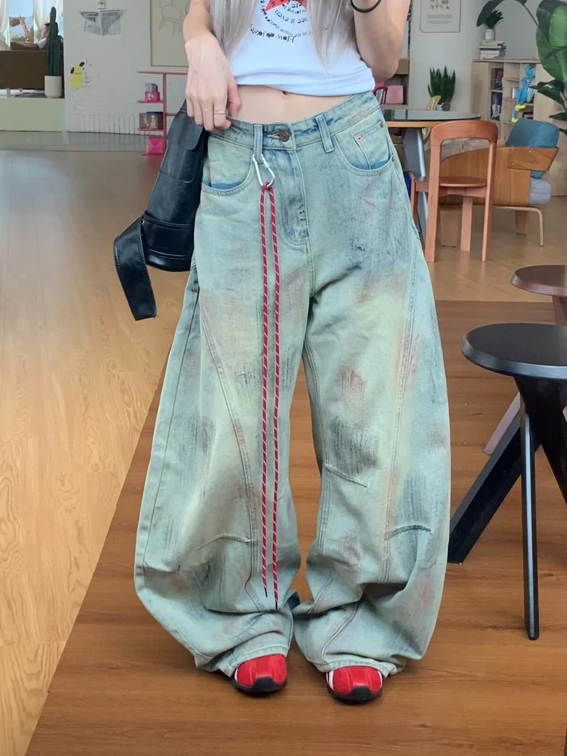 【现货+运费险+送挂绳】美式脏染牛仔裤女设计感高腰宽松阔腿弯刀裤