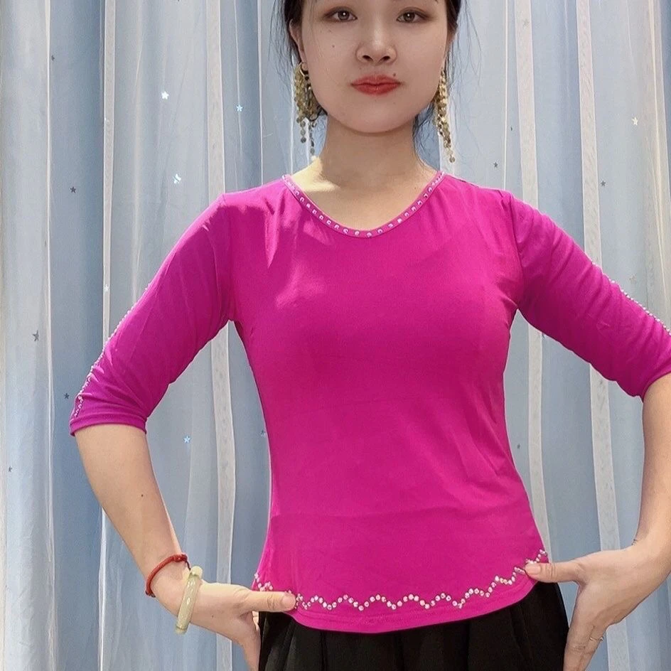 广场舞服中袖V领适合穿搭三步踩拉丁舞歌曲交谊舞演出上衣小衫