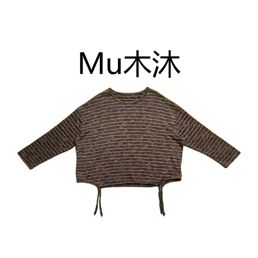 Mu木沐♠新品下摆飘带条纹长袖T恤
