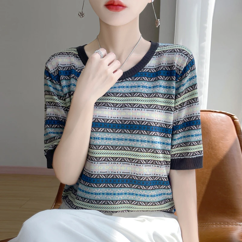 品牌夏季新款针织衫T恤时尚圆领彩色复古宽松短袖上衣