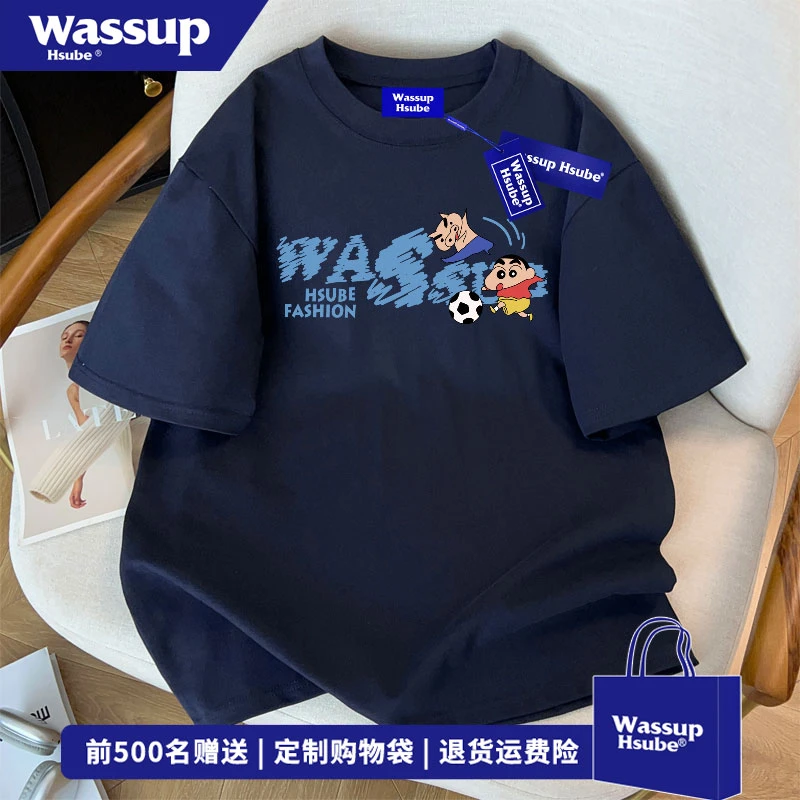 WASSUP HSUBE 夏季新款男女个性百搭正肩上衣创意小新字母印花T恤