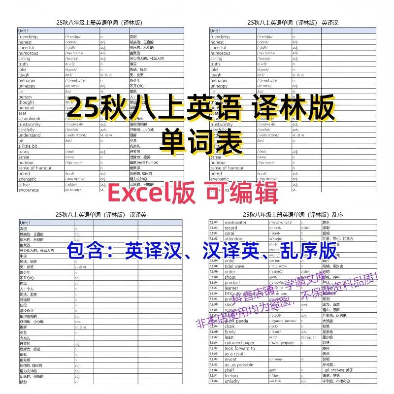 【e8】八年级上册英语 ||译林版 || 单词表 || 可编辑 || 英译互译