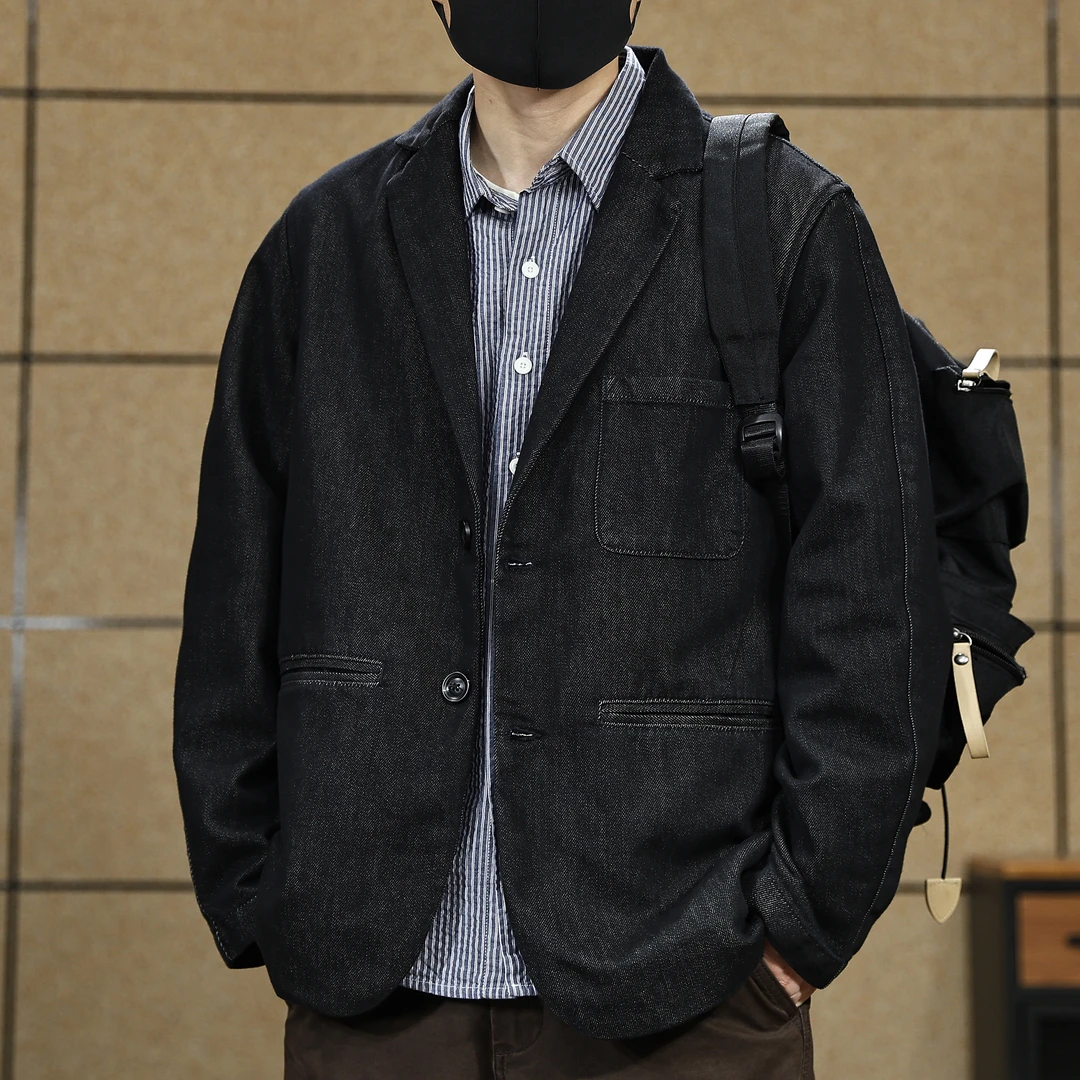 美式复古牛仔西装外套男秋季宽松潮牌做旧水洗帆布阿美咔叽西服男