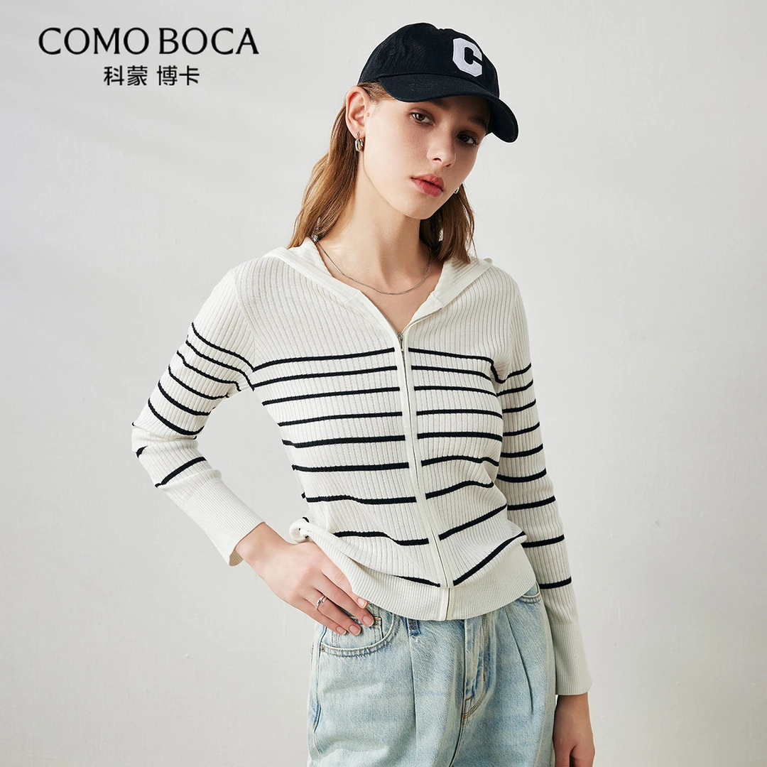 COMOBOCA/科蒙·博卡25春夏绵羊毛针织外套女条纹开衫小衫KST4024