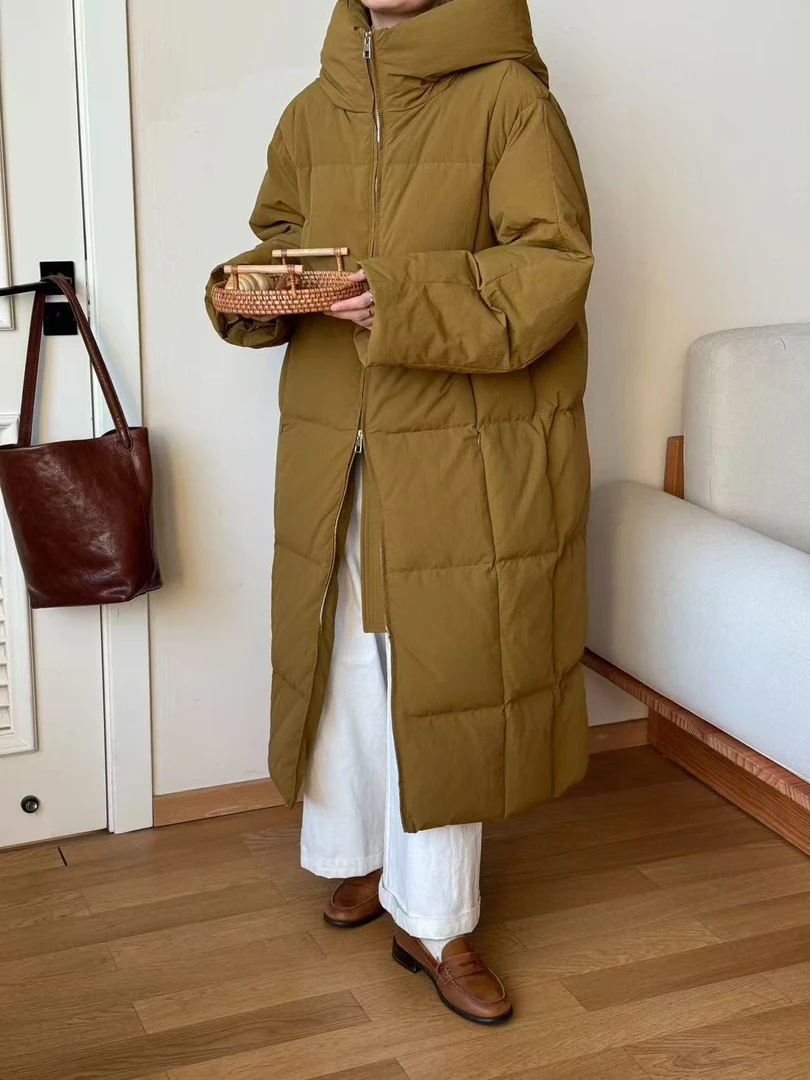 鑫燃Kiki 韩版长款90白鸭绒过膝加厚宽松连帽羽绒服 4A5853 BEE