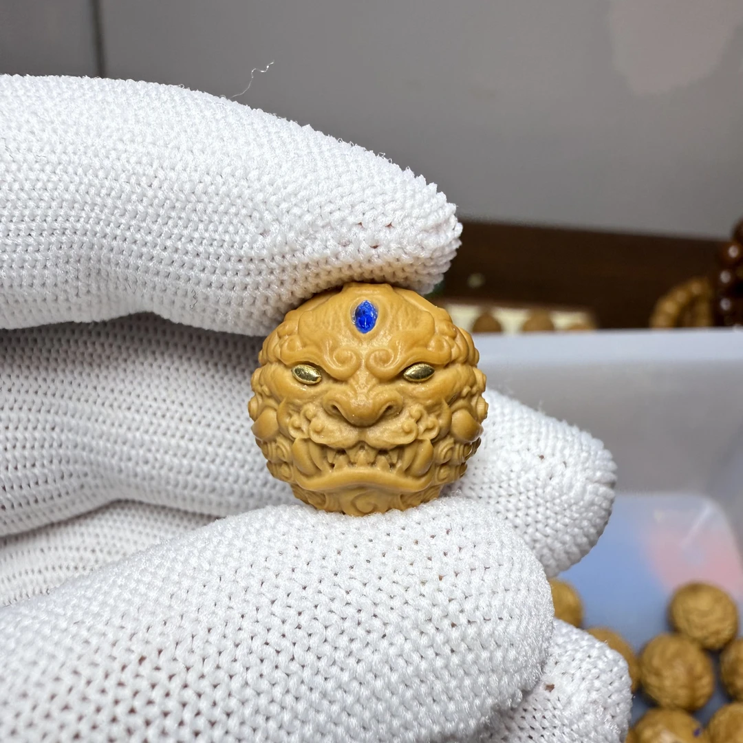 猴头 单颗 雕刻  万福唐狮  镶嵌 蓝色