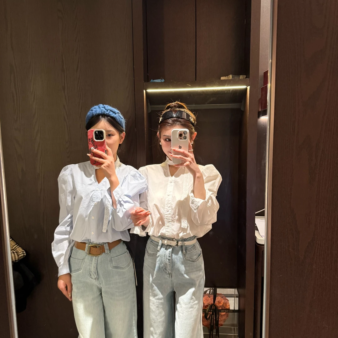 法式飘带v领长袖衬衫女2025春季新款高级设计感小众泡泡袖上衣潮