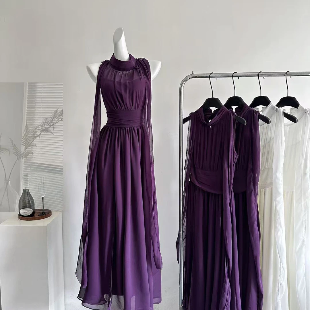 御姐风气质紫色背心连衣裙仙女夏季网纱拼接无袖裙子收腰开叉长裙