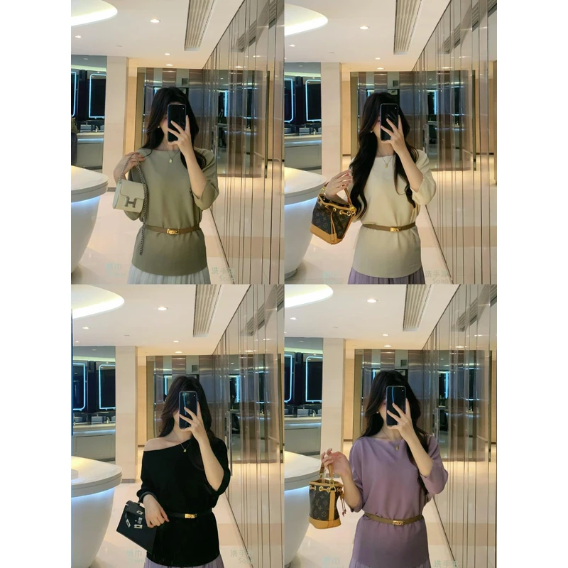 6131# 新品实拍设计感蝙蝠袖冰丝针织慵懒短袖显瘦上衣（配腰带）