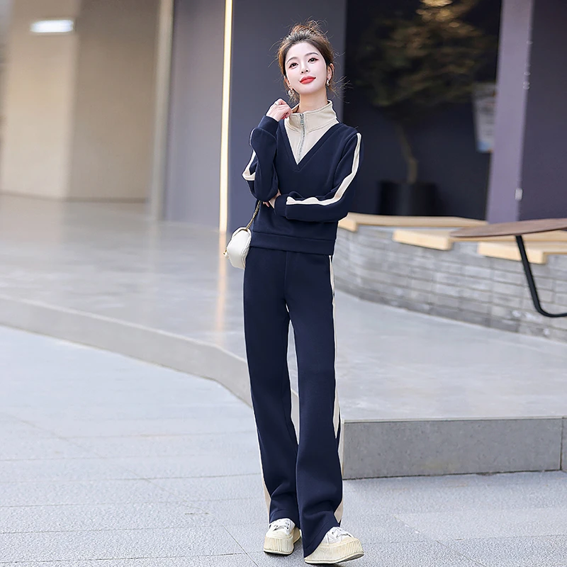 休闲运动套装女2025春秋新款时尚洋气小个子立领卫衣阔腿裤两件套