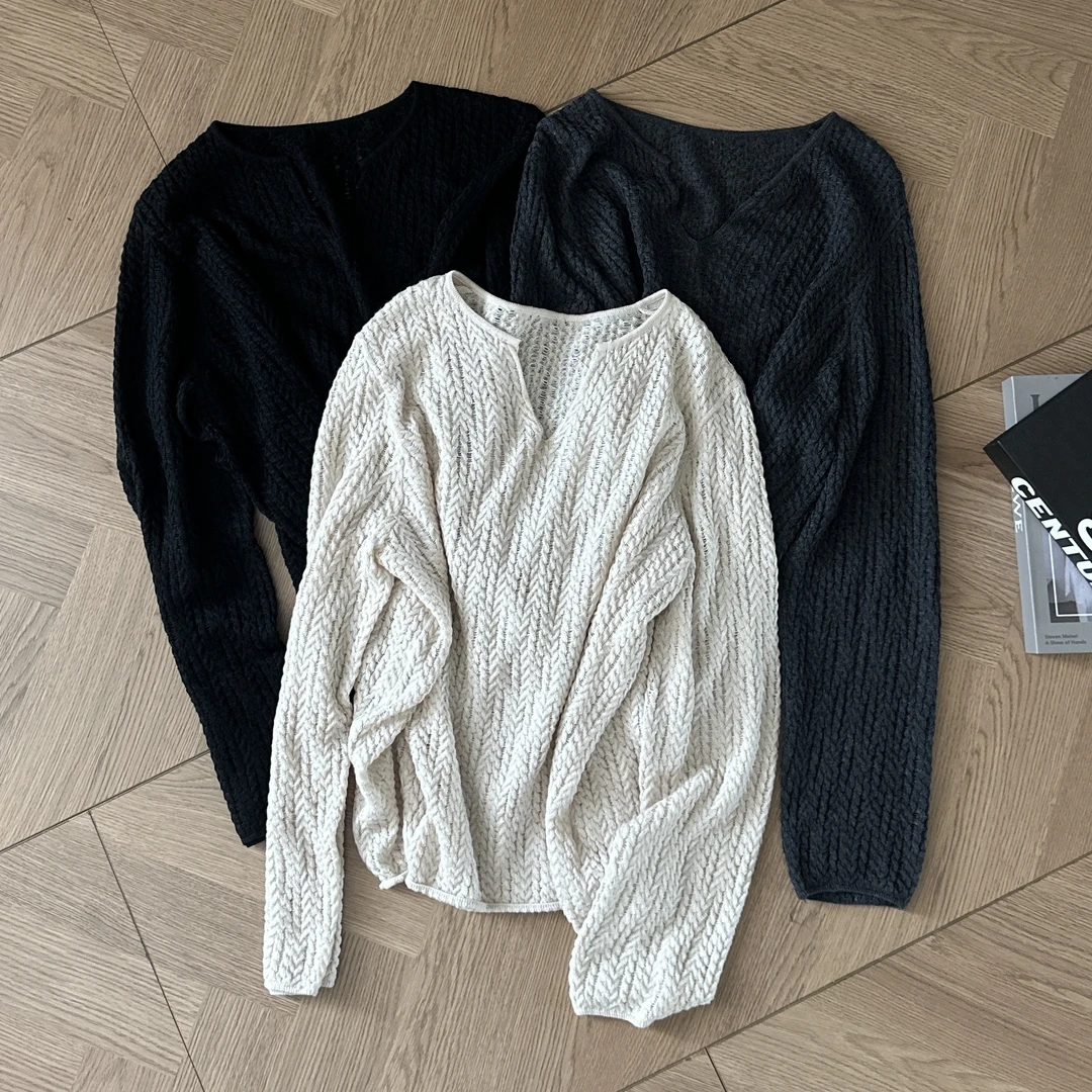 【米可家】早秋剪刀领镂空慵懒风针织套头衫6516