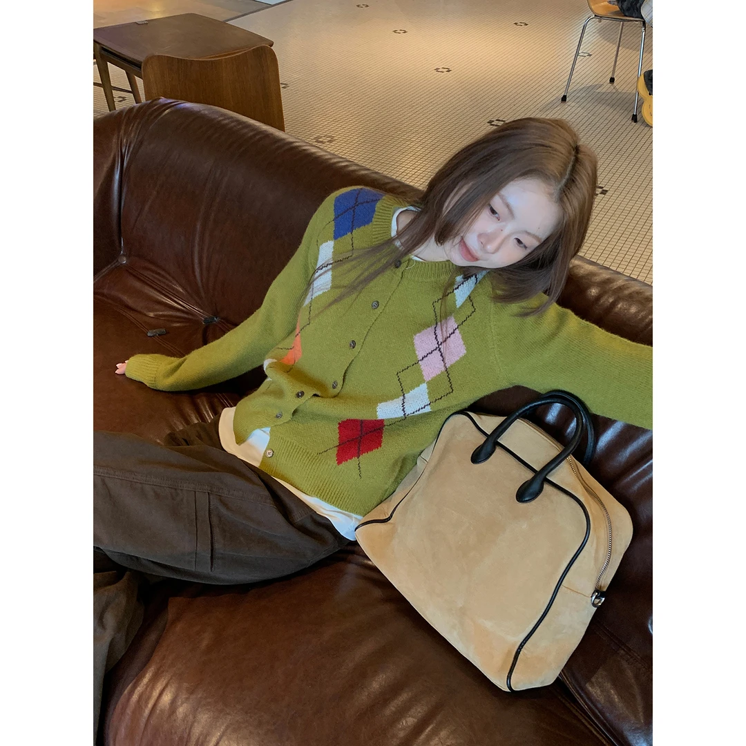 【绿光森林】秋季美式复古休闲菱格撞色圆领针织衫25808