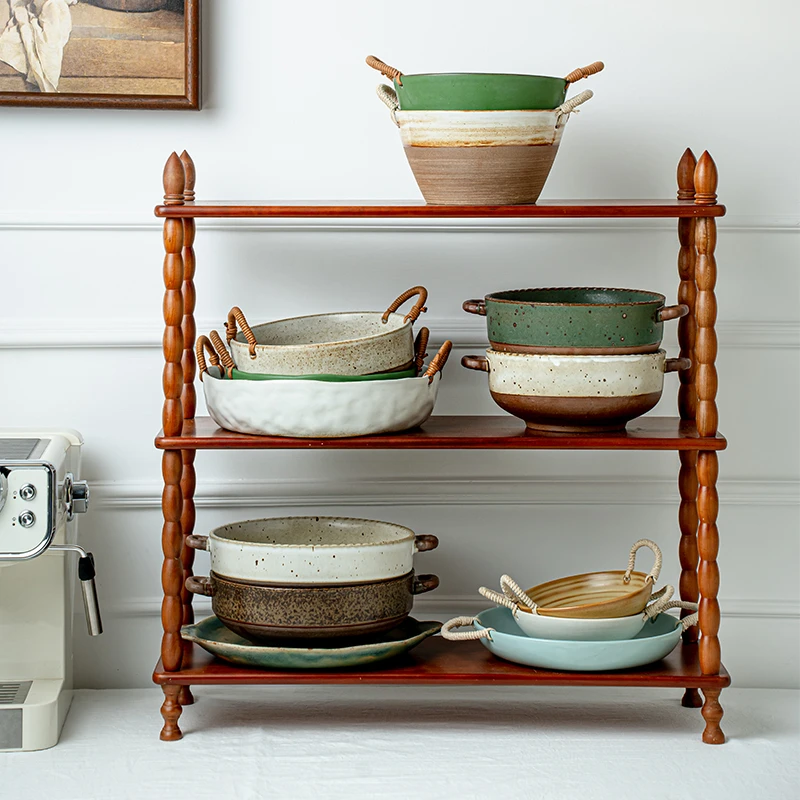 〖手作粗陶合集〗复古陶瓷双耳麻绳碗碟日式菜盘家用餐具微瑕