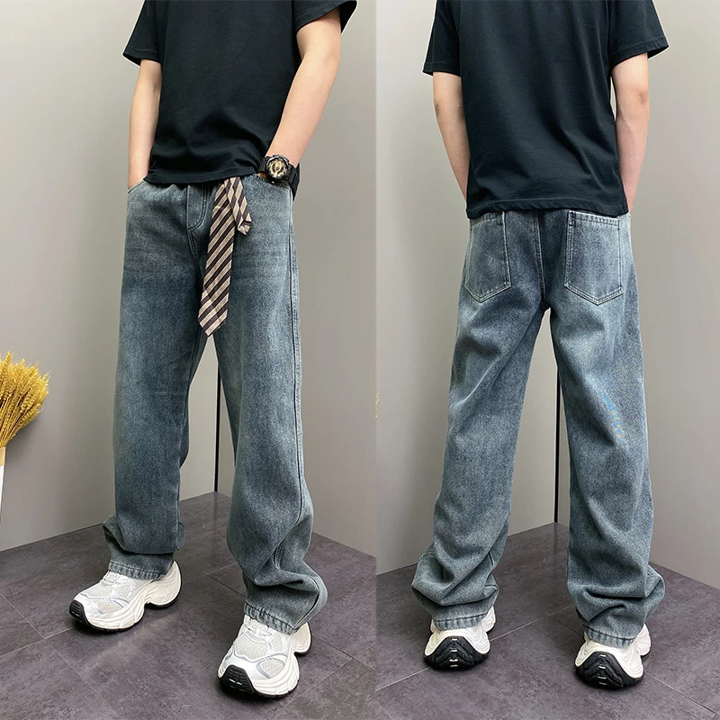 秋冬加绒潮流高级感直筒蓝色复古男士阔腿裤休闲痞帅水洗牛仔裤男