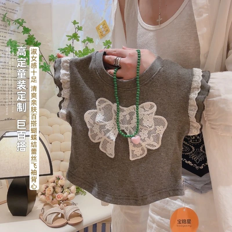 2025新款夏季女宝宝韩系亲肤洋气百搭蝴蝶结蕾丝花边飞袖T恤